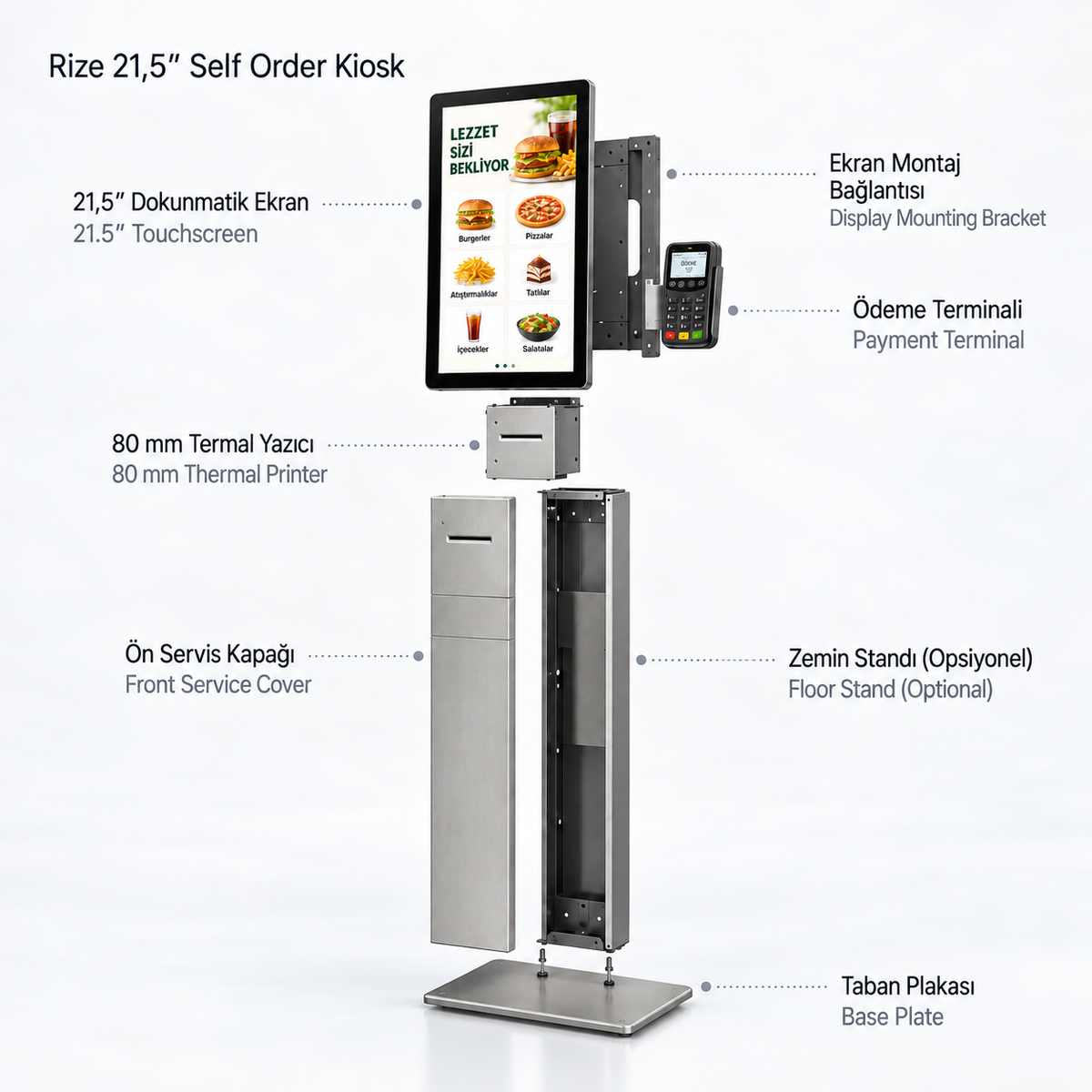 Unisign Rize 21.5 inch self order kiosk components overview